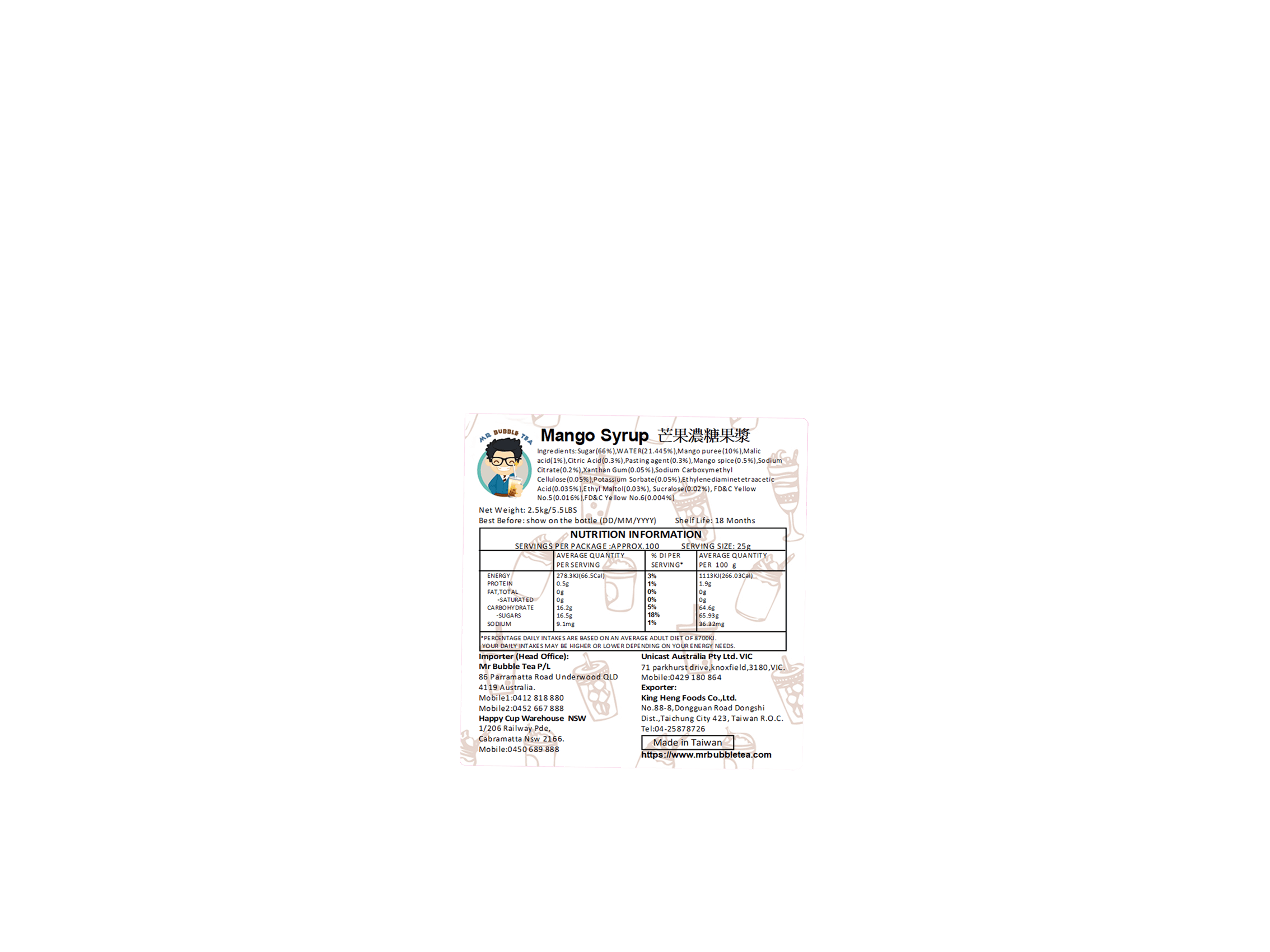 Bubble Tea Mango Syrup Label with the Ingredients and Nutrition Facts